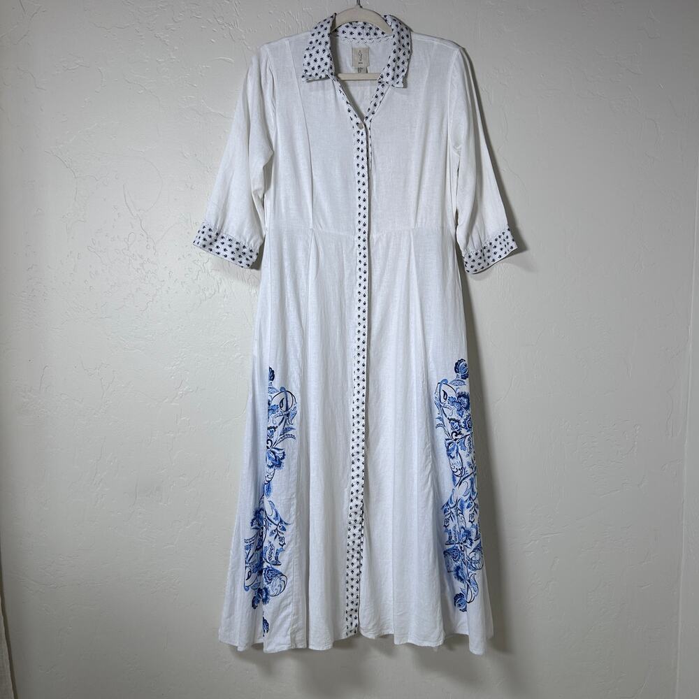 Linen Button Front Romantic Parisian Flare French Pocket Dress European Summer M